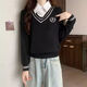 Playboy (PLAYBOY) college style POLO collar fake two-piece shirt vest sweater for women spring unique and chic small top short sweater official flagship black S recommended 80-95Jin Jin is equal to 0.5 kg