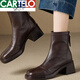 CARTELO Sheepskin Version Square Toe Short Boots Women's Autumn and Winter Back Zipper Boots Plus Velvet Horse Thick Heel High Heels Slim Boots Ting Boots Women's Black (Single Liner) Ready Stock 6cm 36