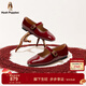 Hush Puppies Mary Jane women's shoes 2026 new fashion square toe low heel shallow mouth single shoes French light shiny cowhide shoes mellow wine red 35