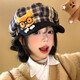 JIOESC cute glasses bear plaid beret for women autumn and winter sweet face-showing small octagonal hat casual versatile painter hat QC gray plaid bear whitening and slimming one size 56-58cm
