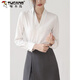 Woodpecker high-end collarless white shirt women's work clothes top autumn style temperament chiffon v-neck professional long-sleeved shirt white L
