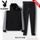 Playboy Couple Pure Cotton Stand Collar Sports Suit Men's and Women's Spring and Autumn Jacket Men's Casual Two-piece Three-Bar Running Wear Sweater Black Jacket + Straight Pants Imitation Cotton S