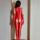 High-end new sexy hollow jumpsuit zipper open tight uniform high elastic oily SM role play night red four-piece set