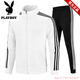 Playboy Couple Pure Cotton Stand Collar Sports Suit Men's and Women's Spring and Autumn Jacket Men's Casual Two-piece Three-Bar Running Wear Sweater Black Jacket + Straight Pants Imitation Cotton S