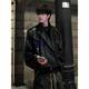 Xiaohongshu black short leather jacket for men cleanfit American street biker jacket silhouette wide shoulder rivets black high quality M