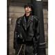 Xiaohongshu black short leather jacket for men cleanfit American street biker jacket silhouette wide shoulder rivets black high quality M