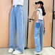 NICKYBABY Girls Summer Jeans Set 2025 New Internet celebrity fashionable children junior high school summer suit short-sleeved wide-leg big children 9889 white + 15030 blue 170