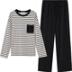 Chundu Couple Pajamas Women's Spring and Autumn Pure Cotton Striped Long Sleeve Autumn Home Clothing Men's Suit Thin Black and White Stripes/Black (Women's Style) 2XL