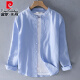 皮尔卡丹（pierre cardin）春夏季小立领亚麻衬衫男装长袖无领衬衣休闲圆领棉麻布上衣服外套 9207军绿色 M