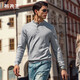 Mr. Bu Henry collar pure cotton sweater long-sleeved men's spring and autumn new three-button men's retro casual BT12255 light gray M (170)