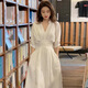 
Manyi French white waist-hugging temperament dress for women 2025 new summer and autumn V-neck tea break long high-end fairy skirt French white shirt dress L