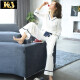 French KJ pajamas for women spring, autumn and winter pure cotton long-sleeved wide-leg pants with pit strips and threaded home clothes two-piece suit white M