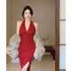 Vestido sexy LPOX con un vestido de cuello halter de hendidura para mujeres, vestido pequeño de gama alta de Xia Hepburn Slim Sexy Long Black L [105-115Jin [Jin equivale a 0.5 kg]]]