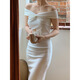 
Woodpecker French white one-shoulder dress for women summer temperament and engagement bride morning robe birthday evening dress white [engagement robe skirt/dang sexy/long S
