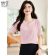Ella disfruta de una camiseta de manga corta para mujeres, cuello redondo, top bordado informal y versátil para mujeres, camiseta, camisa de base de manga corta T143T1390