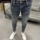 Nishihara Mi-Trendy Retro Old Blue Grey Small Feet Neun-Five Jeans Herren klassische vielseitige High Street Elastichose 1355 XP80025 Blue Grey Hosen Four Seasons Modell 29 Größen für 100-110jin [Jin gleich 0,5 kg]
