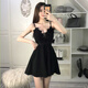 Jingya nightclub dress with low cut sexy clothes nightclub small V-neck women's suspender skirt slim and belly-covering skirt Black XL