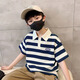
McTicco boy polo shirt short-sleeved 2025 children's summer striped t-shirt big children's summer half-sleeved street-fried top trendy 9850 blue + 5798 khaki [set] 140