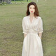 
Manyi French white waist-hugging temperament dress for women 2025 new summer and autumn V-neck tea break long high-end fairy skirt French white shirt dress L