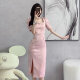 Lcxmnd 2023 summer new style retro temperament gentle girl young improved cheongsam dress high-end goddess style dress leather pink [tea break French dress 2023 women's new L