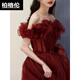 Berggren one-shoulder burgundy toast dress bride's French fluffy gauze coming-of-age ceremony banquet host performance evening dress for women burgundy XXS