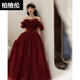 Berggren one-shoulder burgundy toast dress bride's French fluffy gauze coming-of-age ceremony banquet host performance evening dress for women burgundy XXS