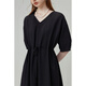 Fan Silan 23FS12595 French lazy waist pleated dress mid-length five-point lantern sleeve skirt Black S