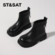 Saturday Children's Shoes Girls Leather Boots Autumn and Winter New Simple Versatile Girls Chelsea Boots Plus Velvet Black 36