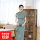 New Chinese style ink painting improved daily wearable cheongsam for young girls short-sleeved slim long dress dark green 2XL (125-135Jin Jin equals 0.5kg)