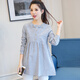Mutterschaftskleidung Frühling und Herbst Top Lose Puppenstil Mutterschaft Hemd Frauen Langarm gestreifter Bogen Schwangeres Frauen Hemd Basis blau grau xxl