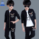 2022 Autumn Boys New Baby Clothes Korean Style Sports Handsome Internet Celebrity Sweatshirts Fashionable Brand Children's Clothes Three-piece Children's Suit Big Children's Jacket Fashionable Boys 3-12 Years Old Wings Navy Blue Three-piece Suit [Top + T-shirt + Pants] 140