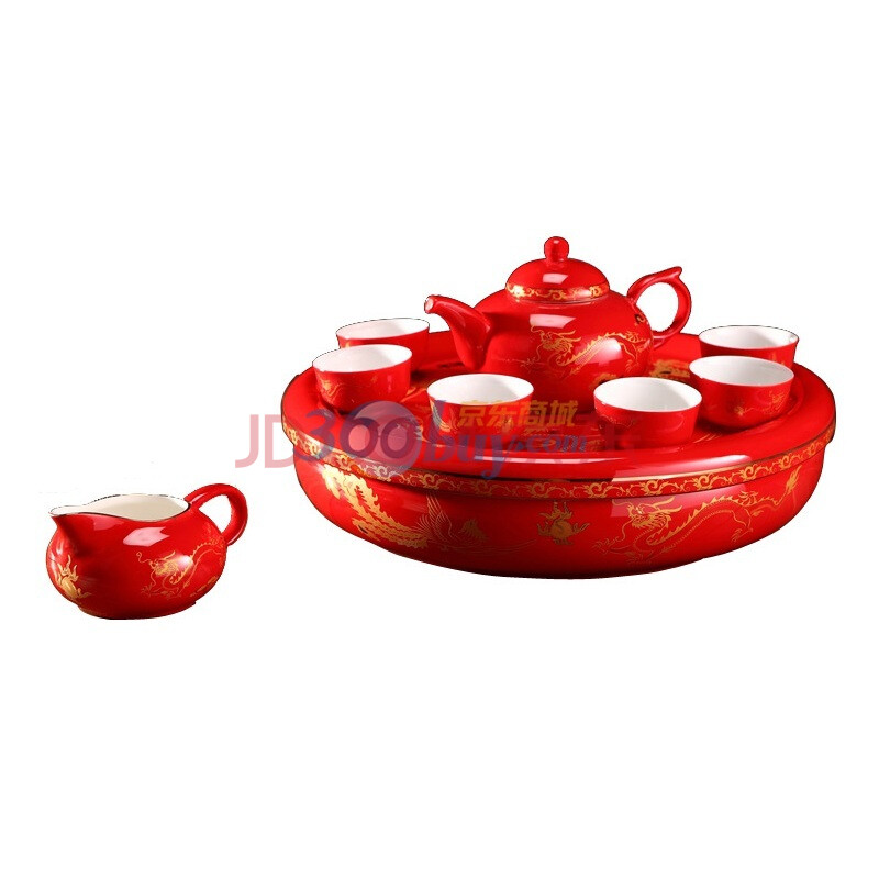 湘醴窑中国红瓷茶具 带茶盘 龙凤呈祥 皮箱包装 高档礼品