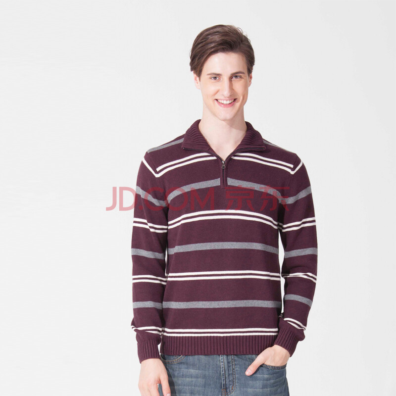 bossini堡狮龙 男装横间立领半开筒全棉线衣 110665070 41深李子色