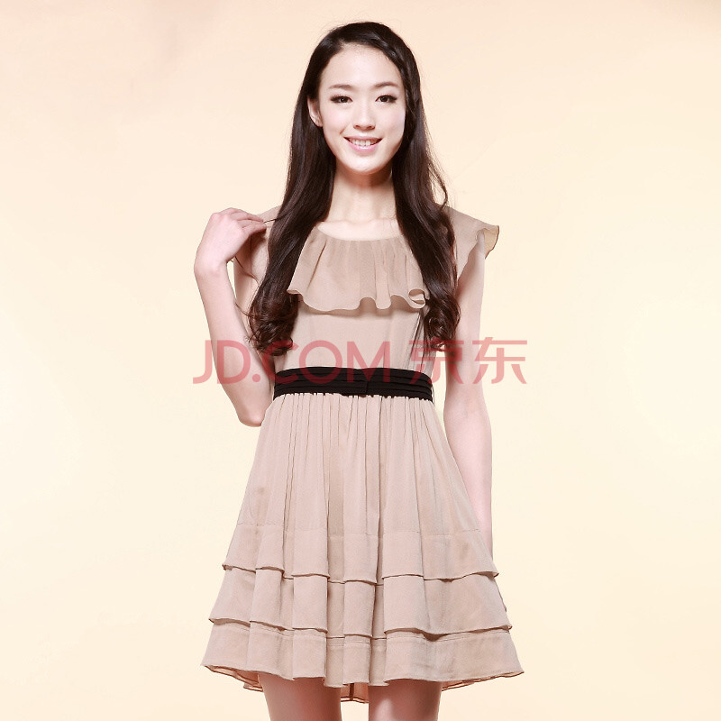 伊芙丽 2013夏装新款韩版荷叶领蛋糕裙摆雪纺连衣裙1239770 麦茶色 l