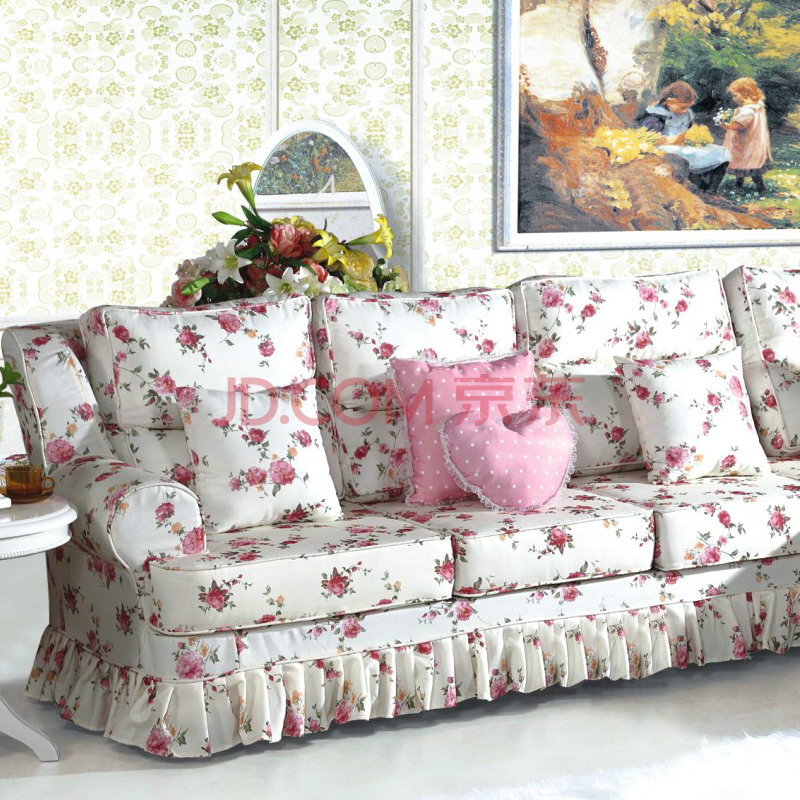 缘订三生家具 欧美式田园客厅组合转角布艺沙发 小户l型组合 粉红花纹