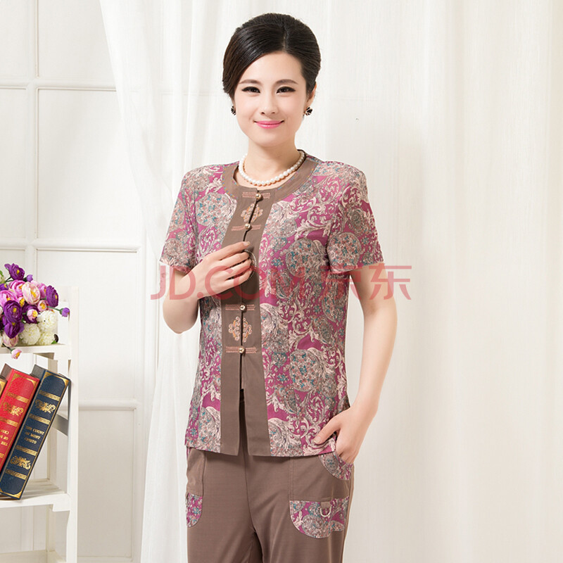 妈妈装夏装短袖t恤 中老年裤子老年人大码套装 紫红 l图片-京东商城
