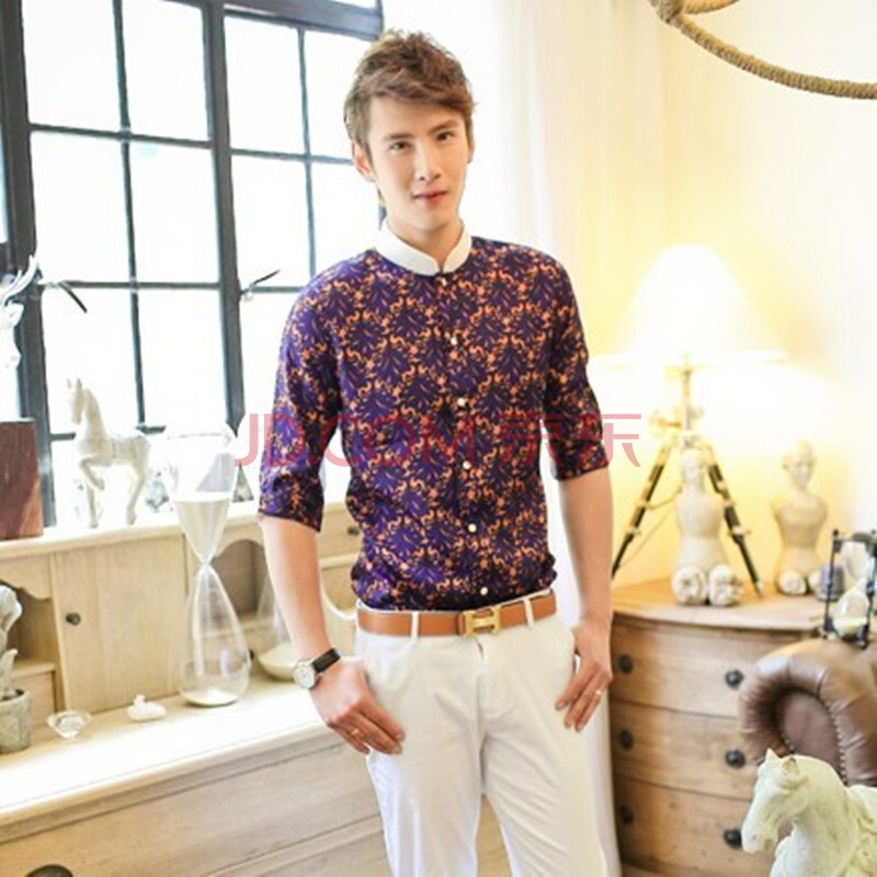 超炫潮男时尚拉风款 复古宫廷图腾印花绸缎男长袖 欧美英伦宫廷风格微