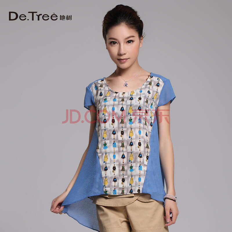 detree地树 夏新款女士短袖雪纺衫印花拼接不规则下摆t恤2320110 灰