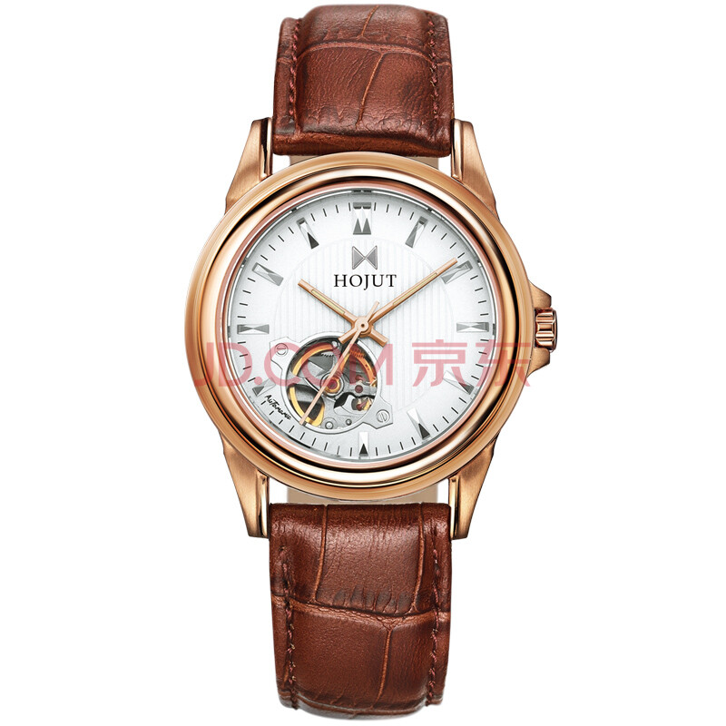 蓝顿豪爵(hojut)时尚运动玫瑰金款机械镂空手表 发现号 白色表盘