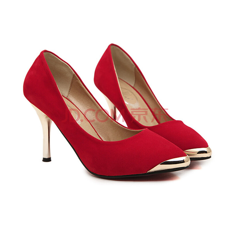 春季新款瓢鞋金属尖头高跟鞋ol单鞋细跟性感红色婚鞋l976-2 红色 36