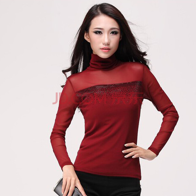 舒调2013秋装新品韩版大码修身网纱长袖t恤 女款打底衫上衣 暗红 l
