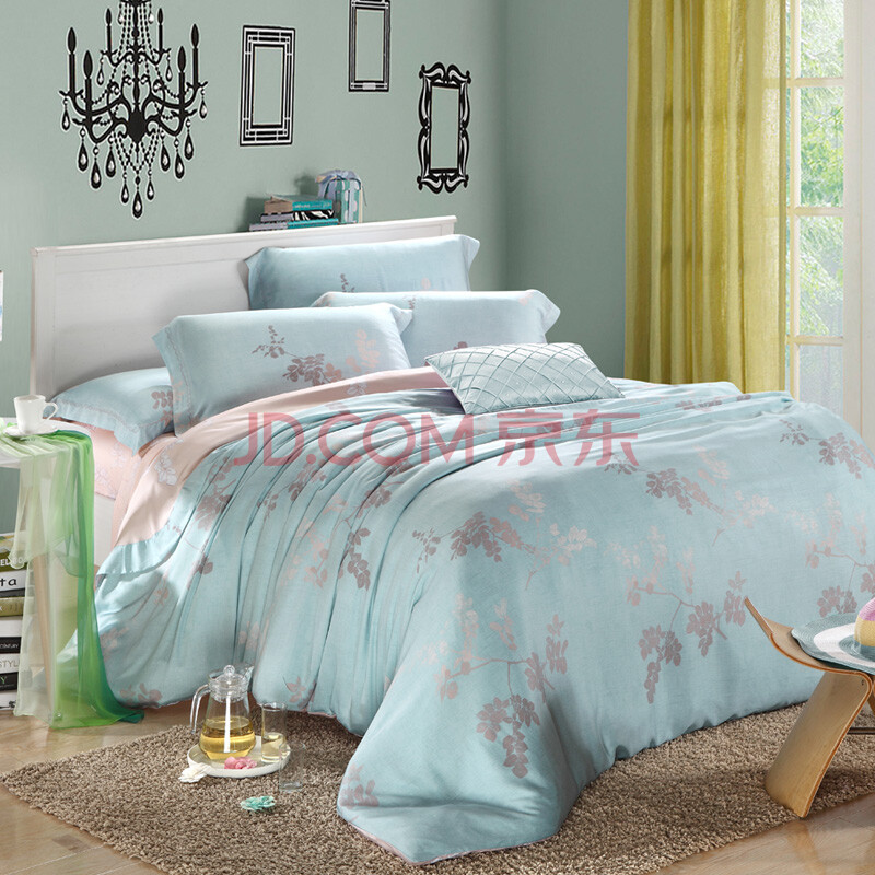 水漾家纺100%双面纯天丝柔滑印花双人床四件套 飘絮 2.0米