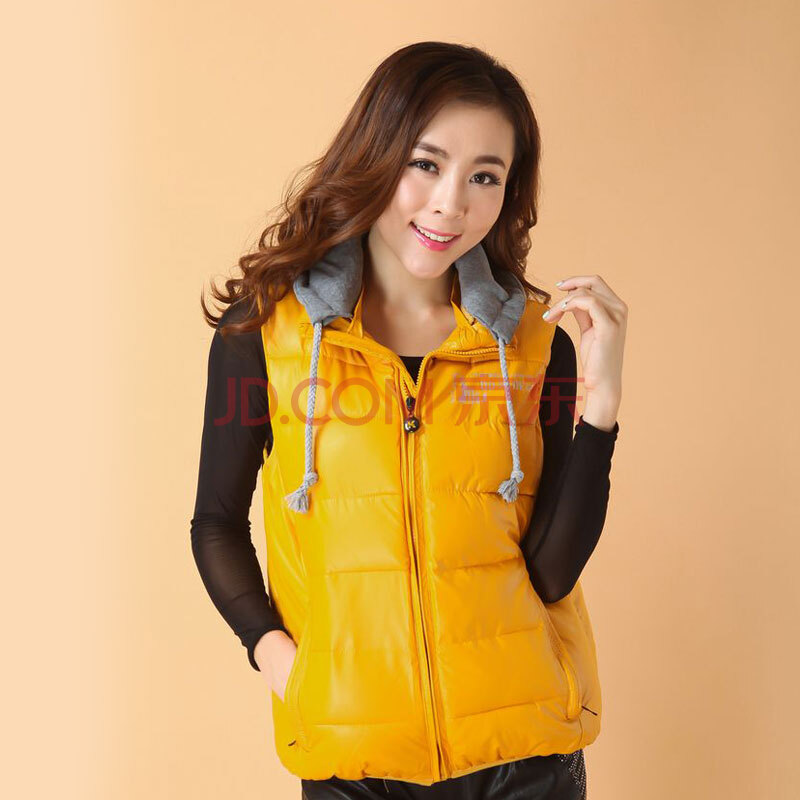 马甲女短款冬装 韩版时尚修身可脱帽印花马夹棉背心tl888 黄色 l