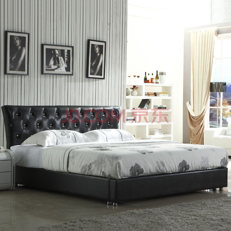 金茉莉新款简约欧式镶钻皮艺软床 小户型黑色白色皮床 可定做 黑色