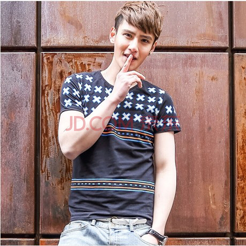 嘟麦2014韩版夏装新款时尚休闲男款修身几何图案短袖t恤 黑色 m