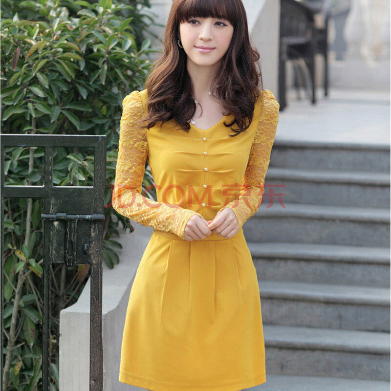 韩乔儿2013秋装新品速立得女装长袖蕾丝连衣裙ac0810 黄色 xxl