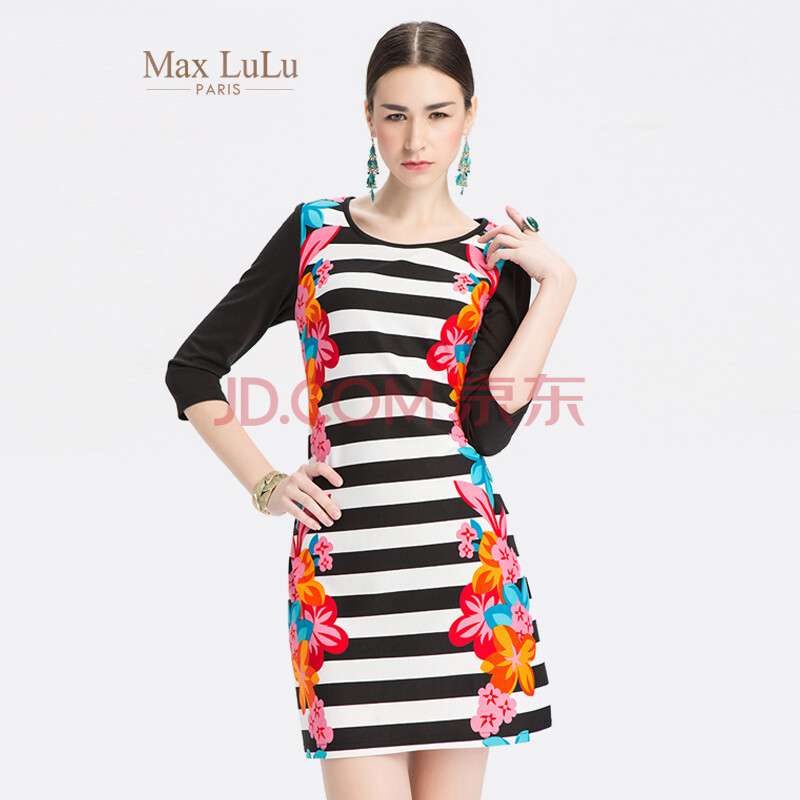 maxlulu春夏新款条纹撞色花朵连衣裙短裙子显瘦收腰修身