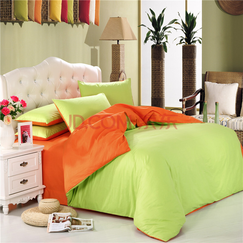 舒美乐家纺 四件套 100%纯棉斜纹4件套床上用品 果绿橘黄 220*240米床