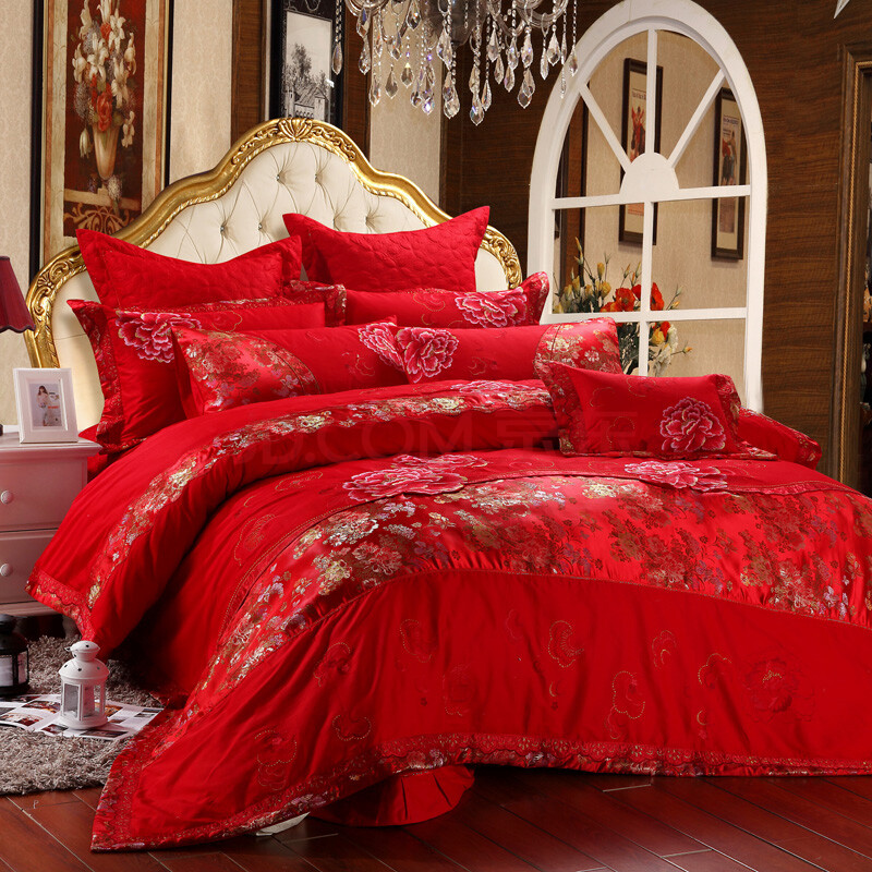 全棉精致提花绣花婚庆套件 国色天香-大红 九件套1.8米一2.0米