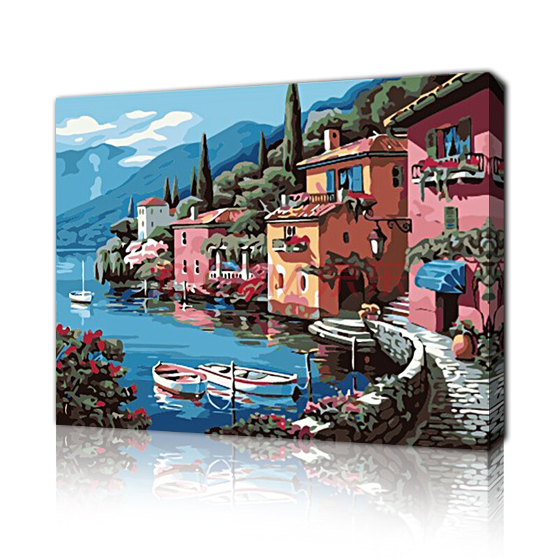 卧室客厅带内框自助手绘彩绘创意油画 40*50cm e款湖边别墅